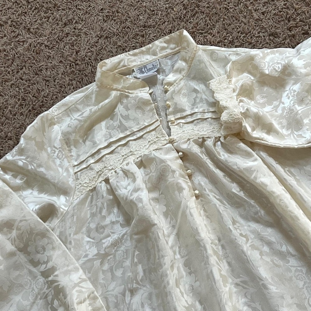 Character Vintage Floral Jacquard Nightgown Ivory Lace‎ Trim Long Sleeve L/XL